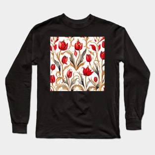 Red Gold Ash Turkish Tulips Ottoman Pattern Long Sleeve T-Shirt